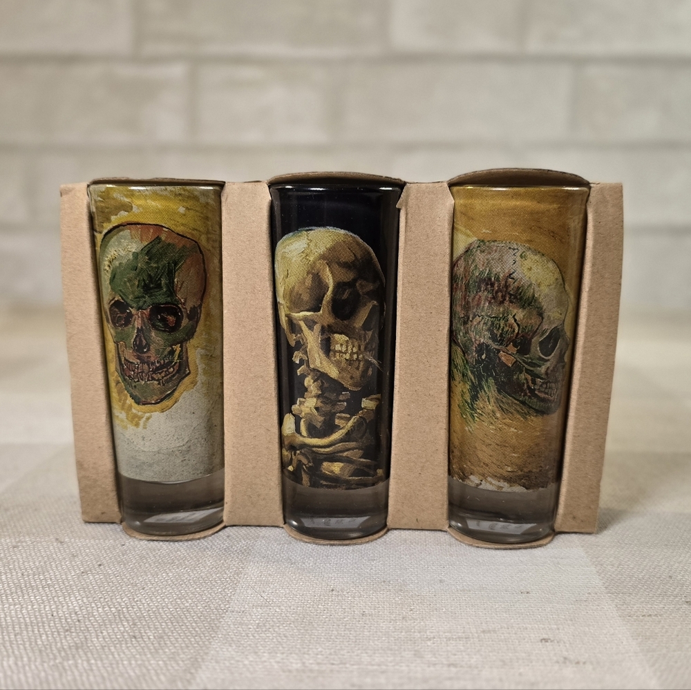 Van Gogh Museum Amsterdam Set of 3 Skull Painting Barware Shot Glasses ~ RARE!
